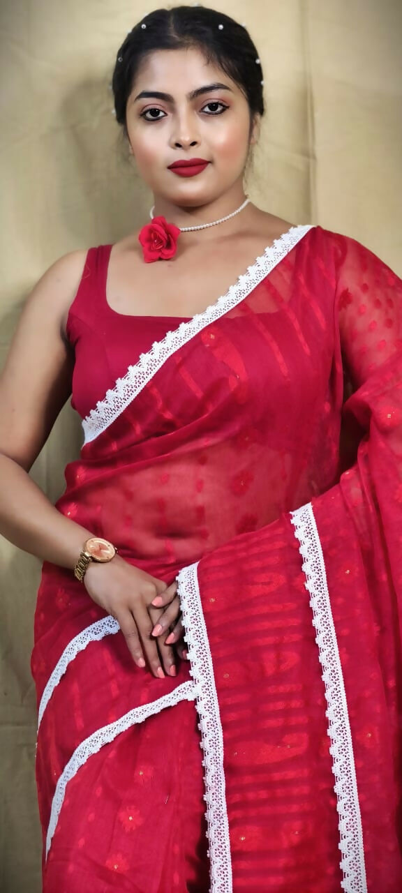 Exclusive Collection Beautiful Red Jaal Jamdani Saree - Swadesiicart