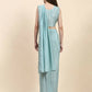 Sky Blue Silk Satin Solid Ready to wear Saree with stitched Blouse - Satiksha | Swadesiicart