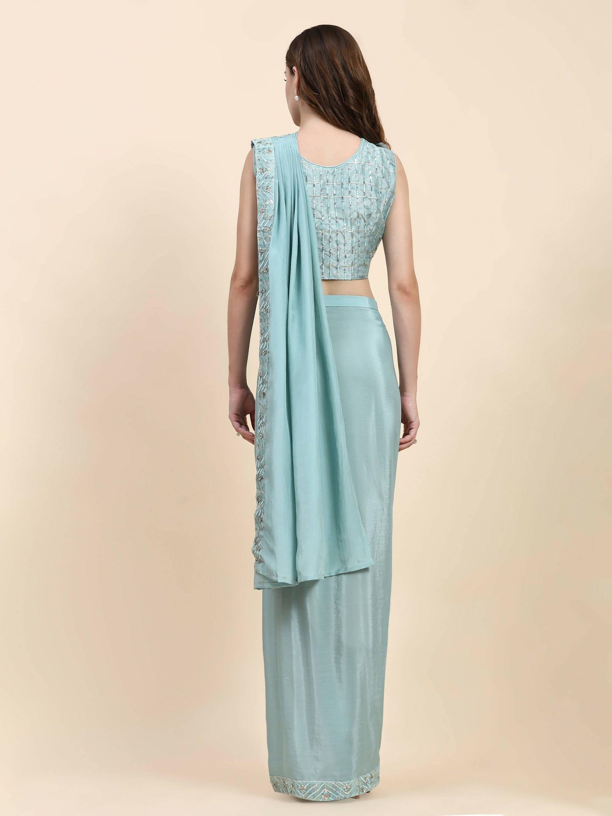 Sky Blue Silk Satin Solid Ready to wear Saree with stitched Blouse - Satiksha | Swadesiicart