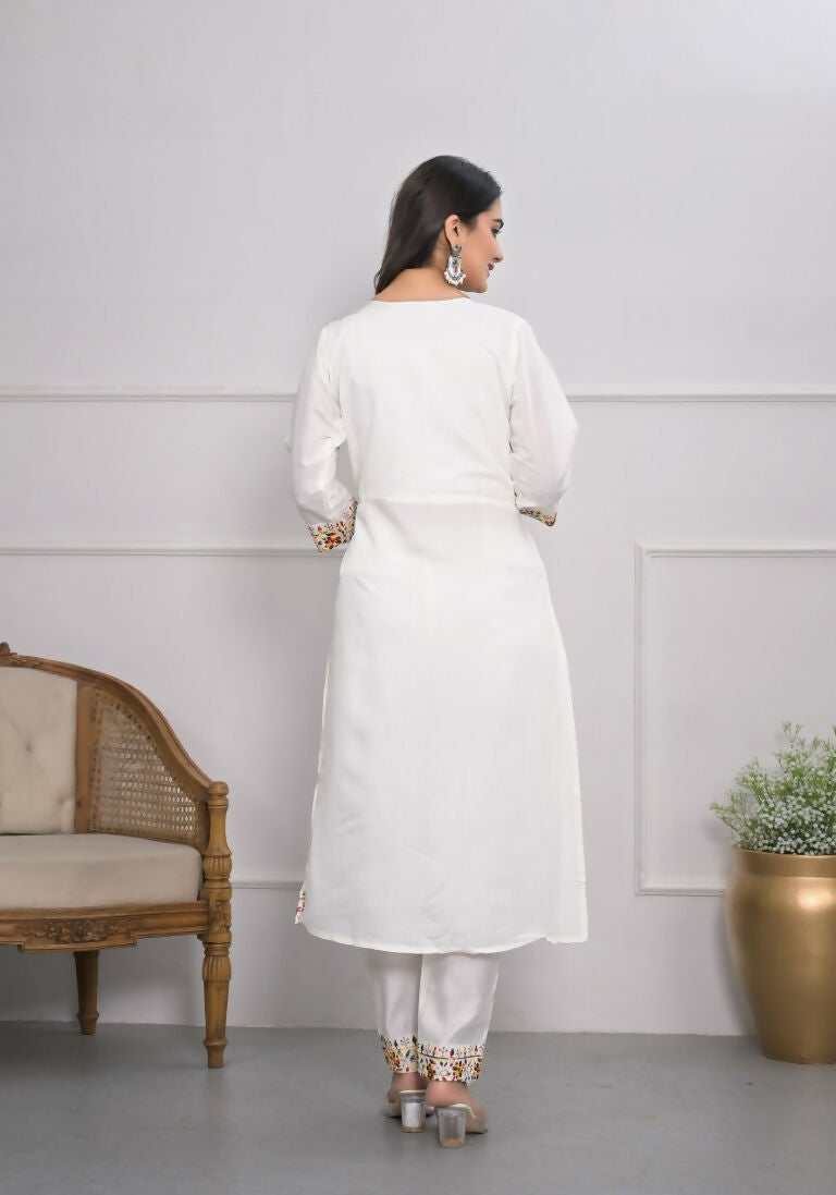 White Viscose Silk Embroidery with Thread and sequence Stitched Suit With Dupatta - Tanisha | Swadesiicart
