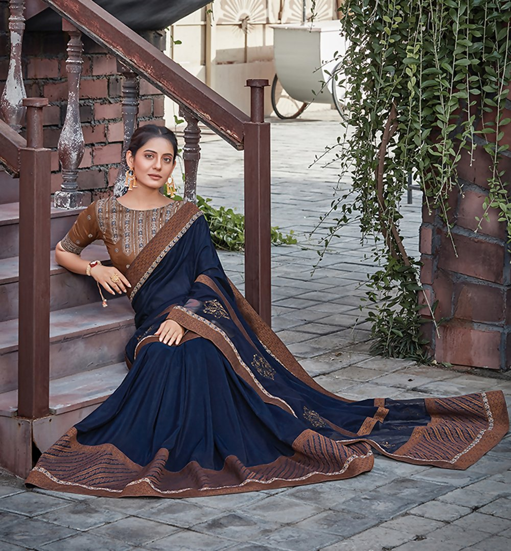 Navy Blue Silkresham And Cord Embroidery, Applique Saree - Norita Hit - Swadesiicart