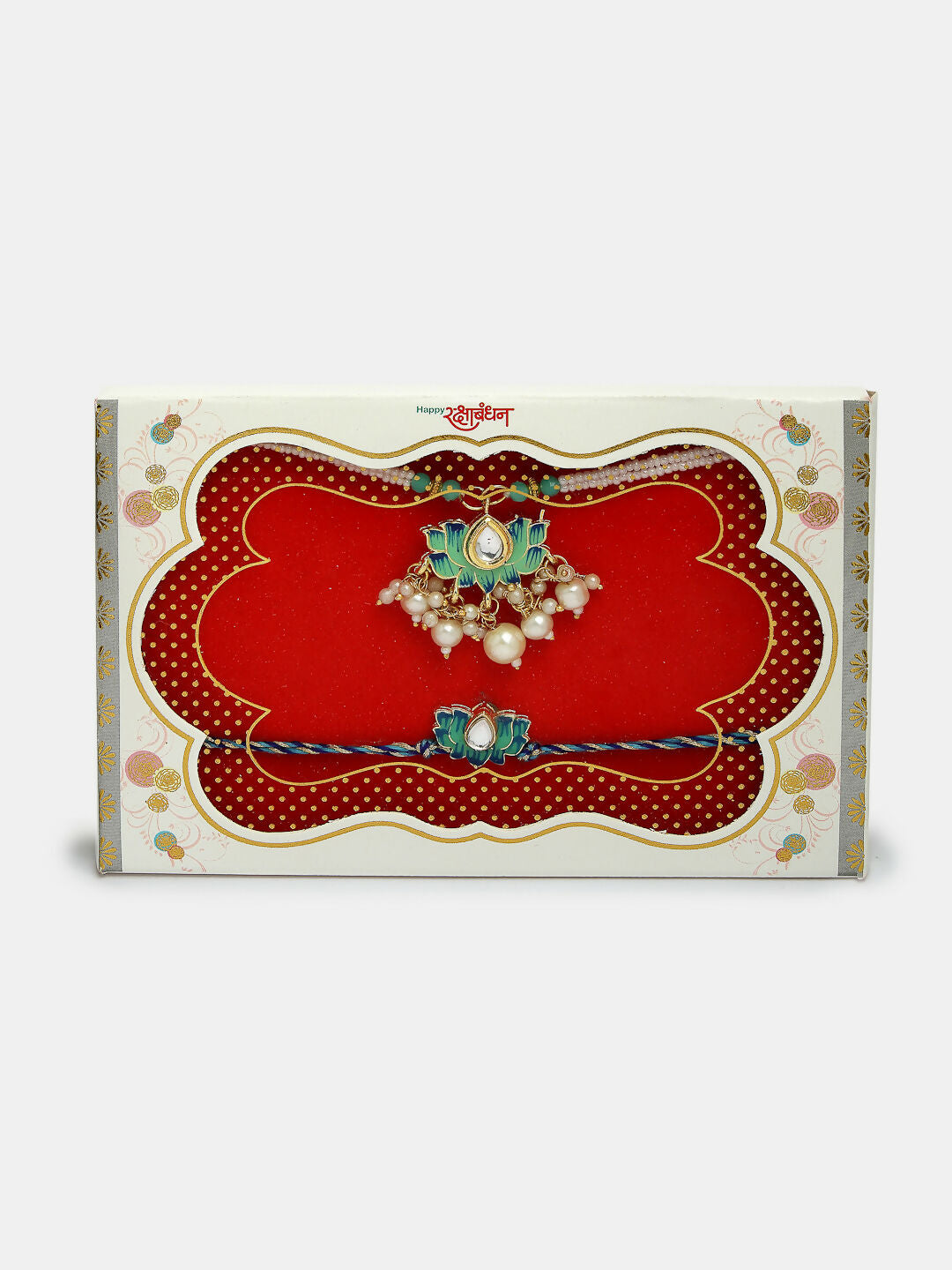 NVR Women & Men Set of 2 Turquoise Blue Lotus Shape Kundan-Studded & Beaded Handcrafted Wraparound Rakhi Set With Roli Chawal | Swadesiicart