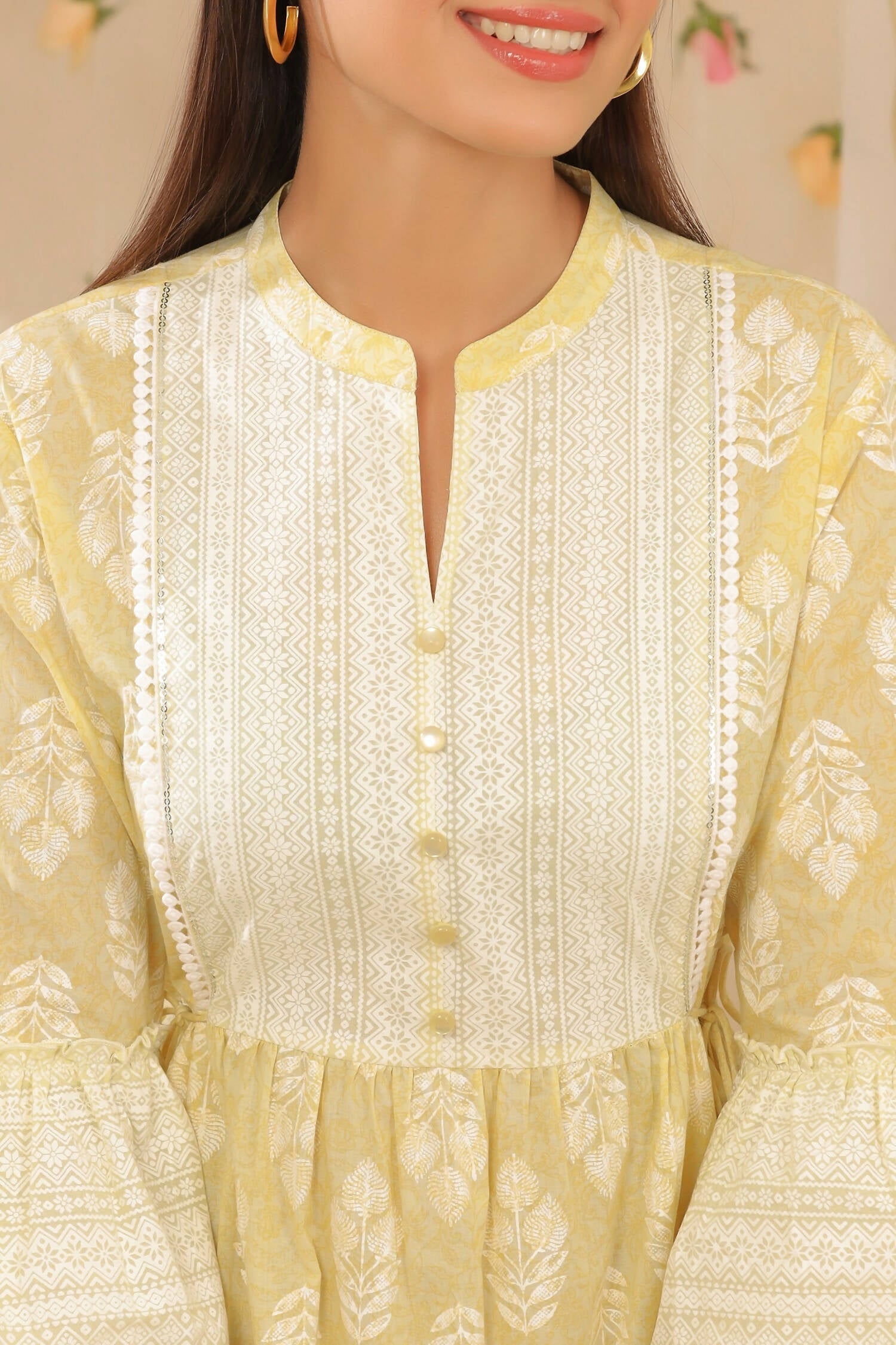 Juniper Womens Limeyellow Cambric Printed Tiered Dress With Flared Sleeve | Swadesiicart