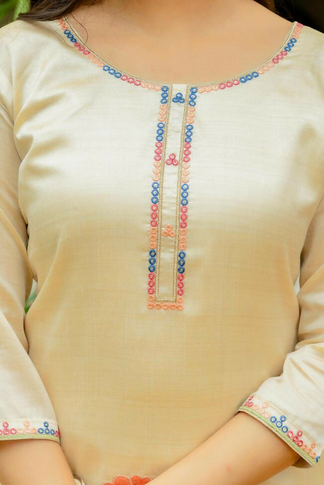 The52 Chiku Women's Beautiful Thread Work Viscose Assam Silk Fabric with Straight Kurta, Pant and Dupatta Set - Swadesiicart