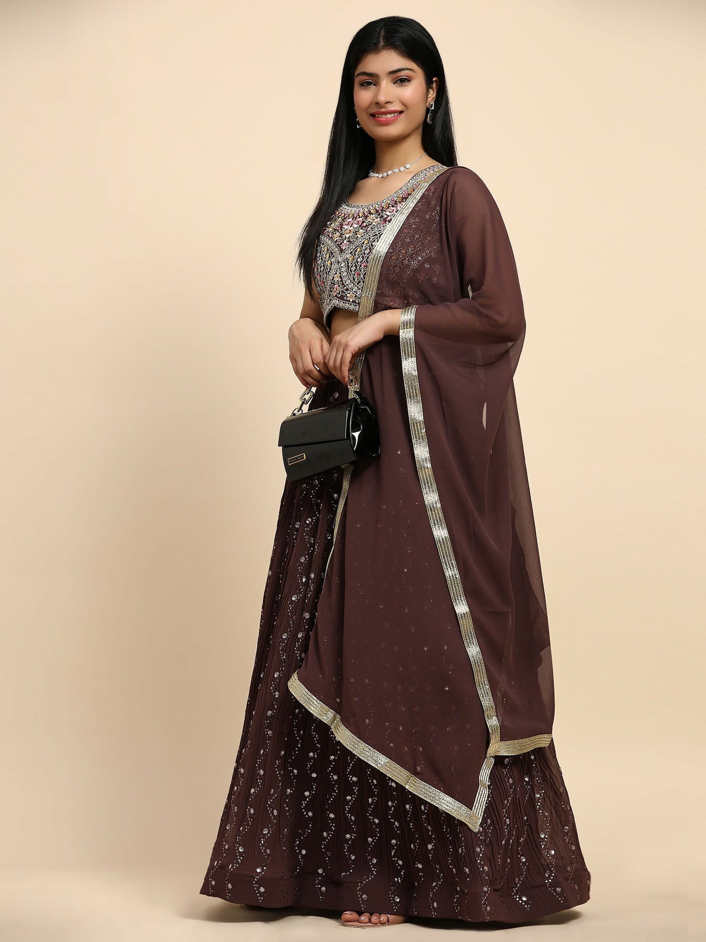 Brown Georgette Embroidered Lehenga choli with Dupatta - Dhara | Swadesiicart