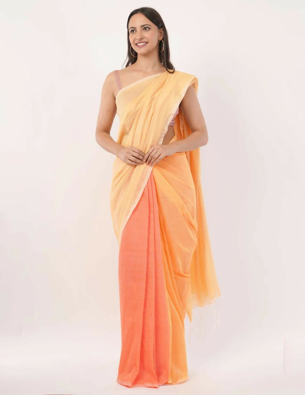 Exclusive Collection Beautiful Khadi Cotton Cream Light Orange Light Yellow Handloom Saree - Swadesiicart