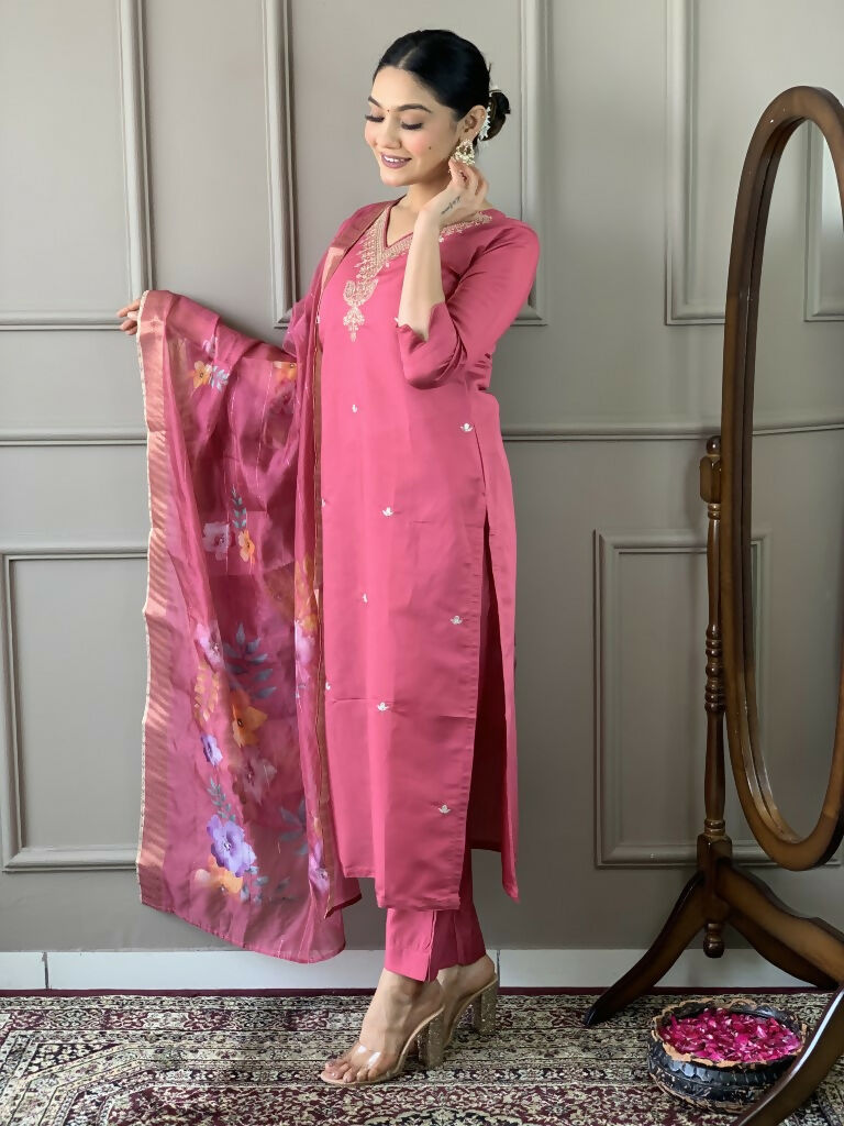 Light Pink Viscose chanderi Stitched Suit With Dupatta - Tanisha | Swadesiicart