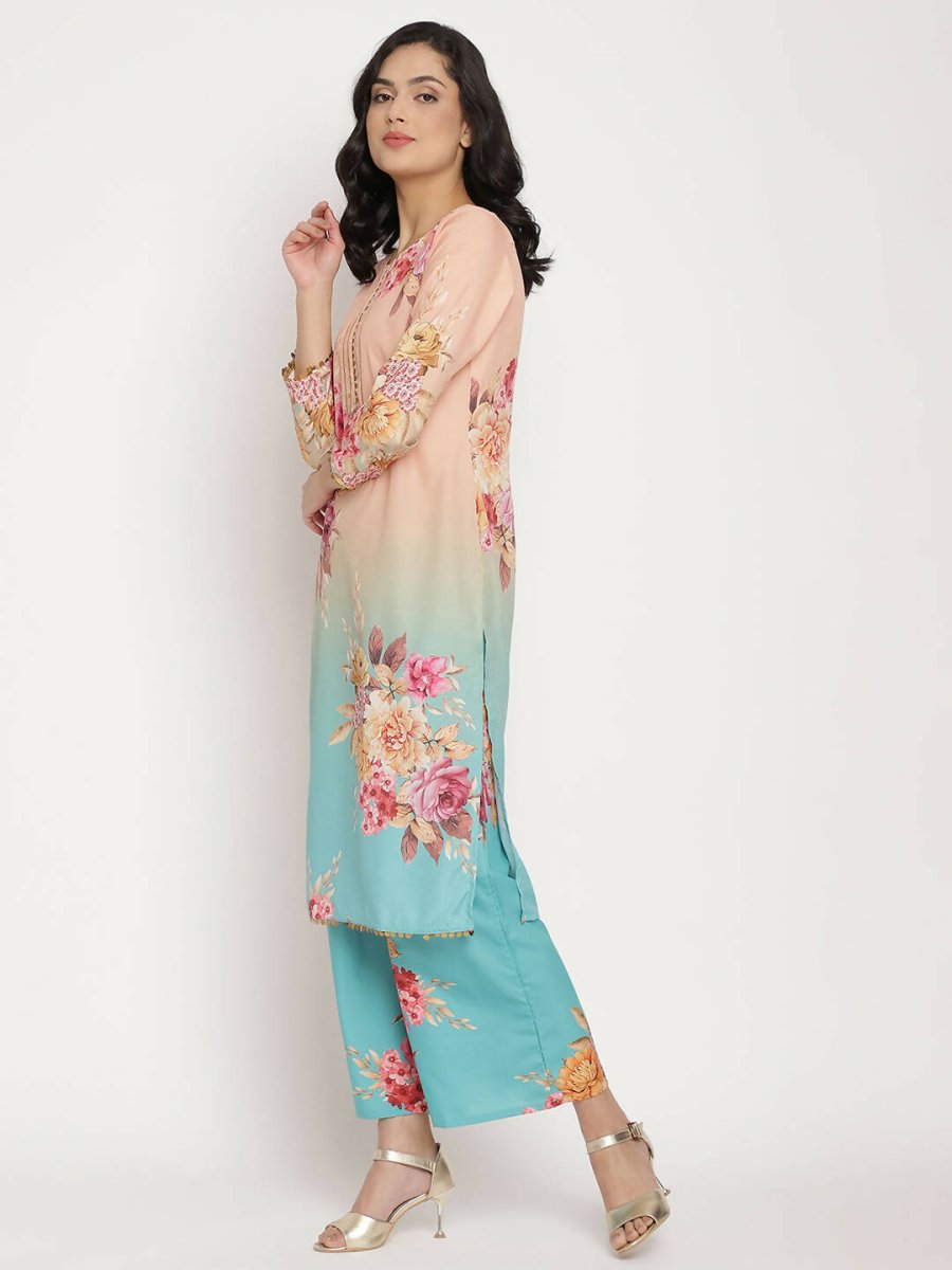 Ahalyaa Women Peach-Coloured Floral Printed Kurta Palazzo Set With Dupatta | Swadesiicart