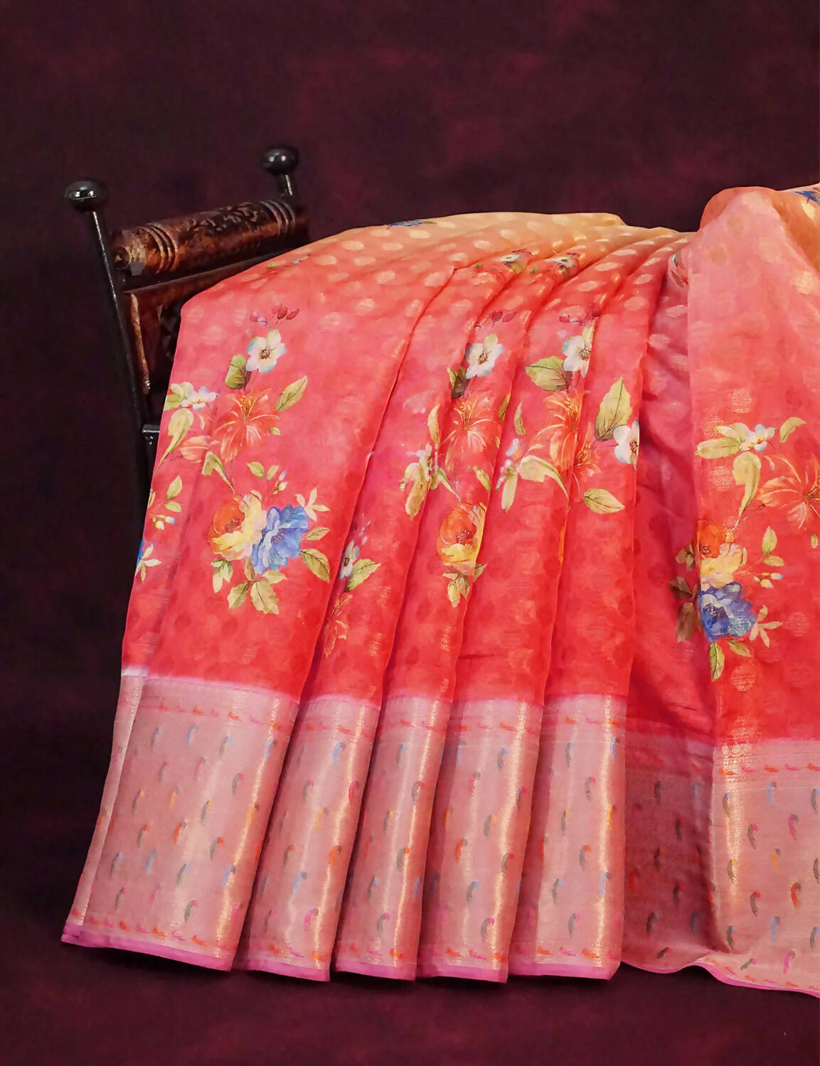 Shades Of Red Colour Banaras Borders And Creeper Design Semi Silk Saree By Gayathri Reddy Designer Studio | Swadesiicart