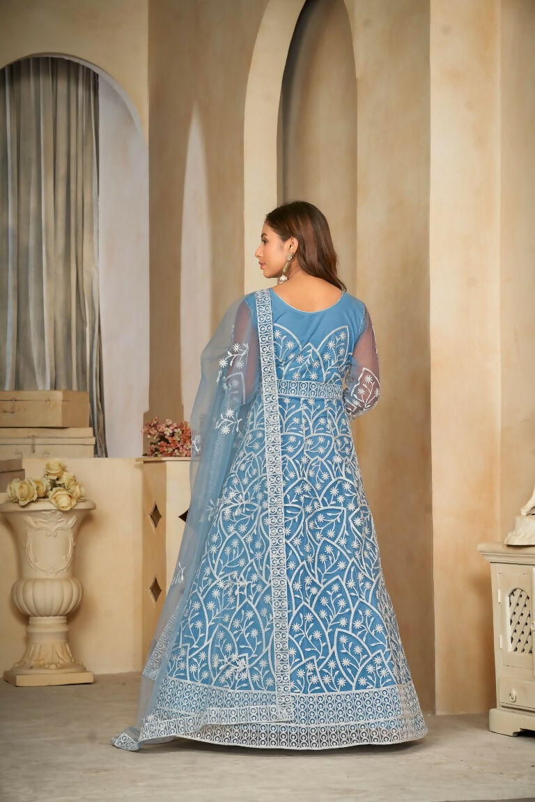 Jyoti Fashion Women's Sky Blue Net Embroidered Anarkali Kurta Pant Set With Dupatta | Swadesiicart