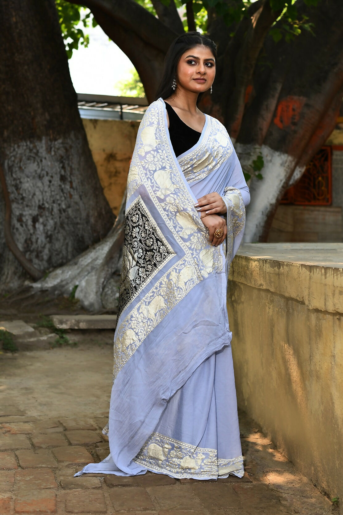 Joban Fashion Silver Crepe Chiffon Pure Handloom Banarasi Silk Saree | Swadesiicart