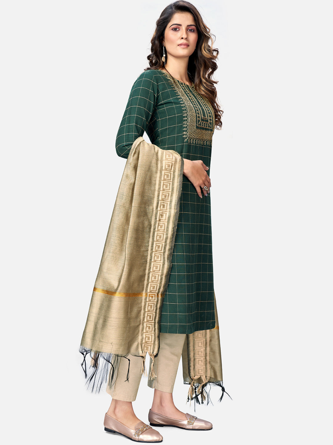 NOZ2TOZ Women Green Cotton Kurta With Pant & Dupatta (3Pcs Set) - Swadesiicart