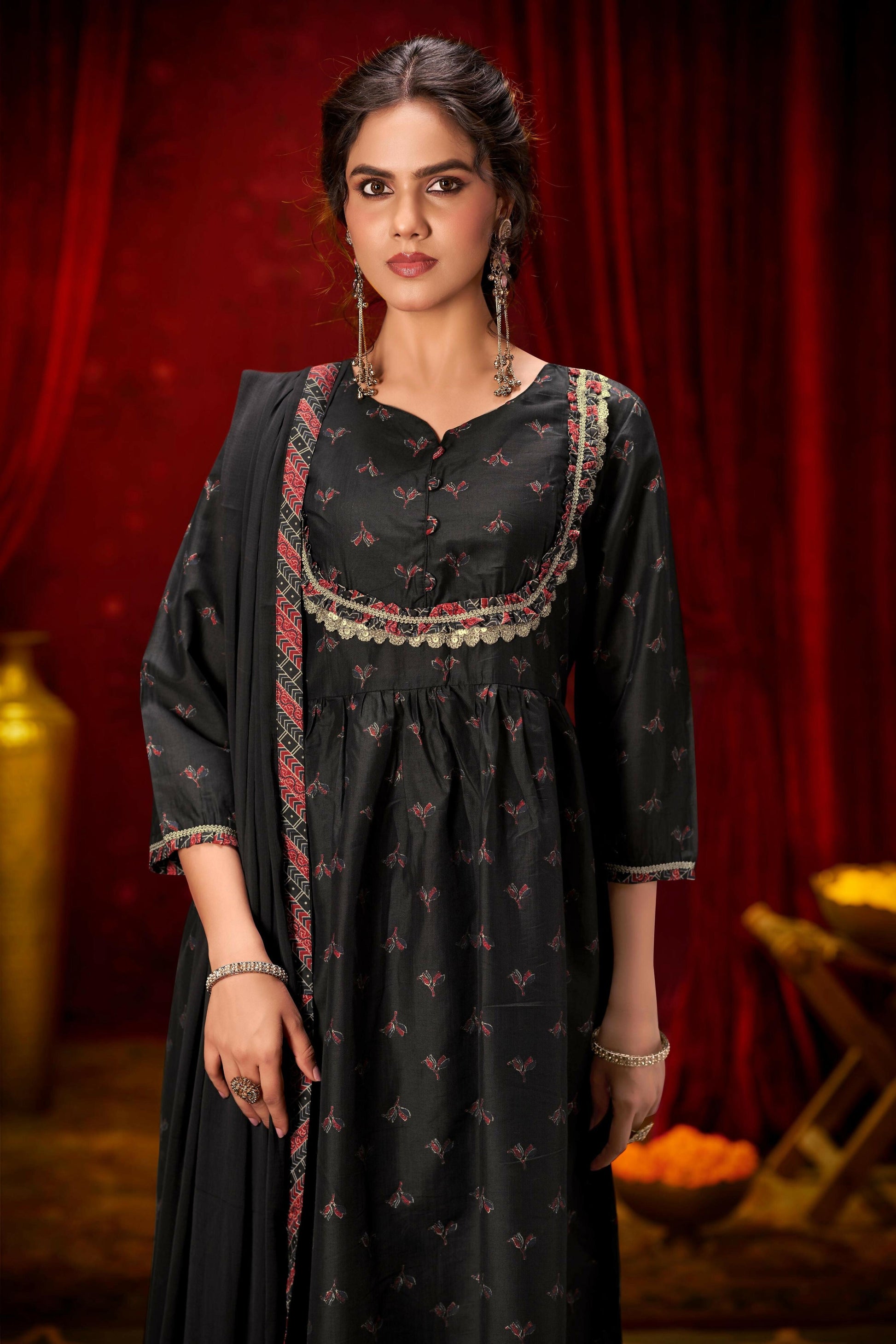 BulBul Black Ajrakh Print Chanderi Silk Kurta Set with Dupatta - Swadesiicart