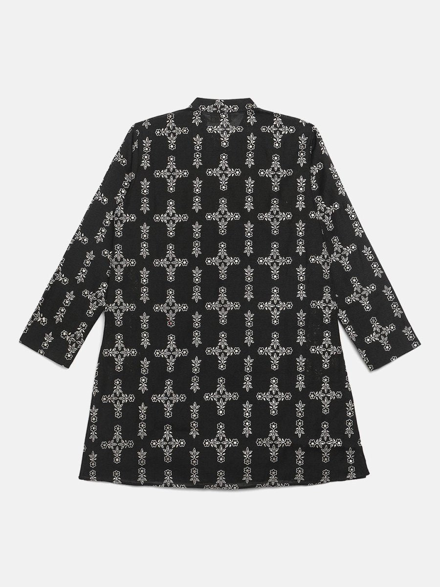 Ahalyaa Boys Black Chanderi Gold Printed Kids Kurta Churidar Set | Swadesiicart