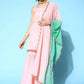 Ahalyaa Women's Baby Pink Crepe Gold Smoke Printed Kurta Sharara Set With Dupatta | Swadesiicart