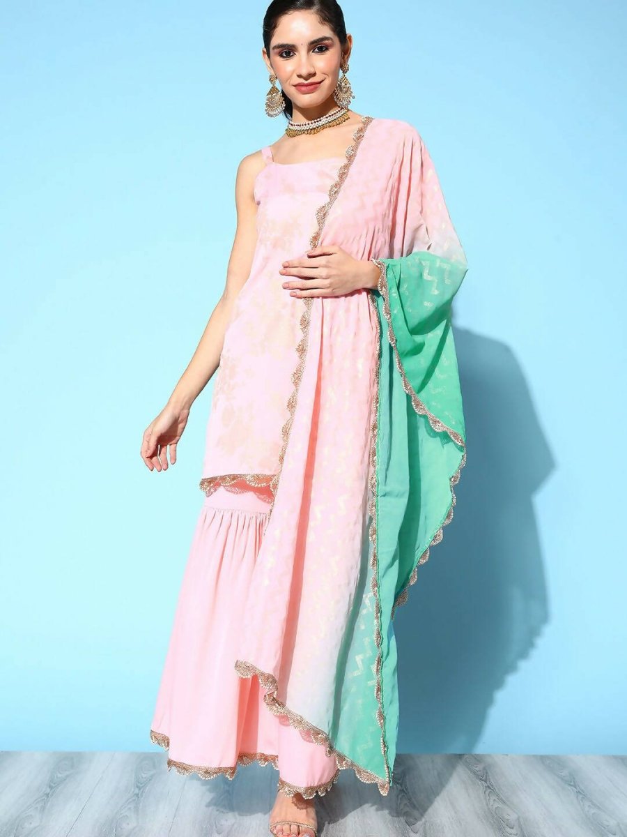 Ahalyaa Women's Baby Pink Crepe Gold Smoke Printed Kurta Sharara Set With Dupatta | Swadesiicart