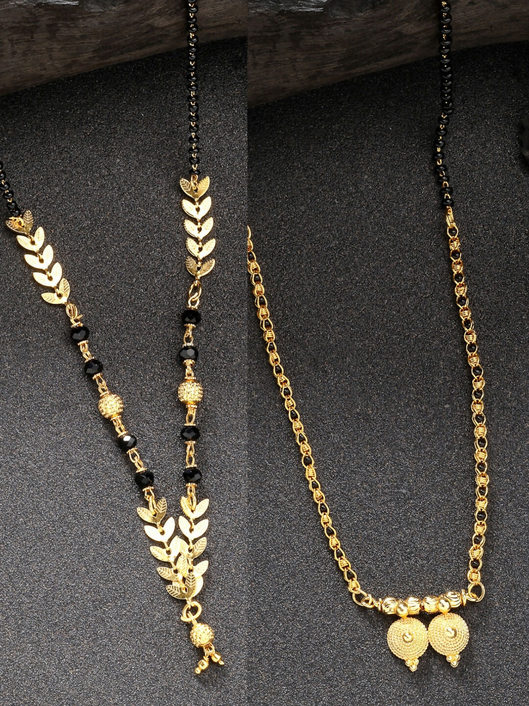 NVR Women's Set of 2 Gold-Polished Black Beaded Mangalsutra | Swadesiicart