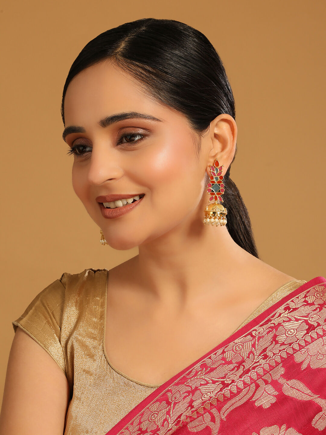 Nuyug 22K Gold-Plated Enamel & Beaded Dome Shaped Jhumka Earrings | Swadesiicart