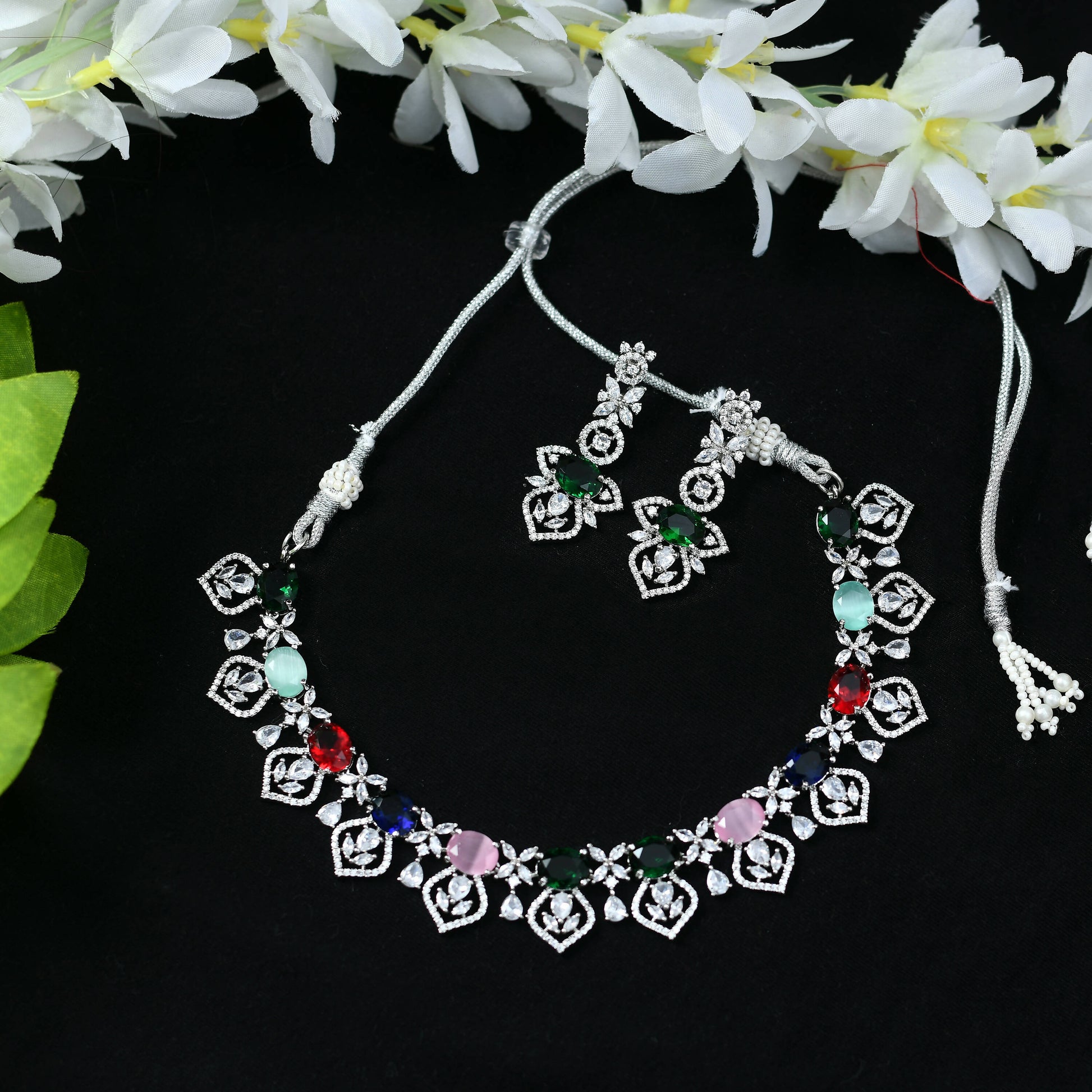 Mominos Fashion Johar Kamal Silver-Plated American Diamond Multi Colour Choker Set | Swadesiicart