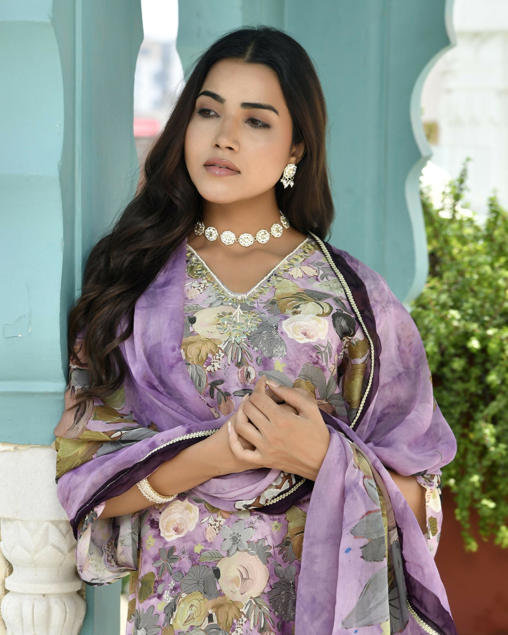 Vaasva Women's Purple Tissue Gota Embroidered Suit Set With Solid Pant And Embroidered Dupatta | Swadesiicart