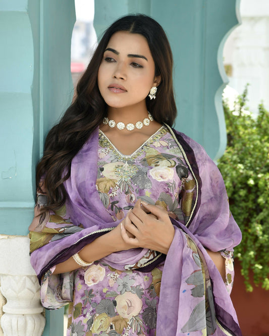 Vaasva Women's Purple Tissue Gota Embroidered Suit Set With Solid Pant And Embroidered Dupatta | Swadesiicart