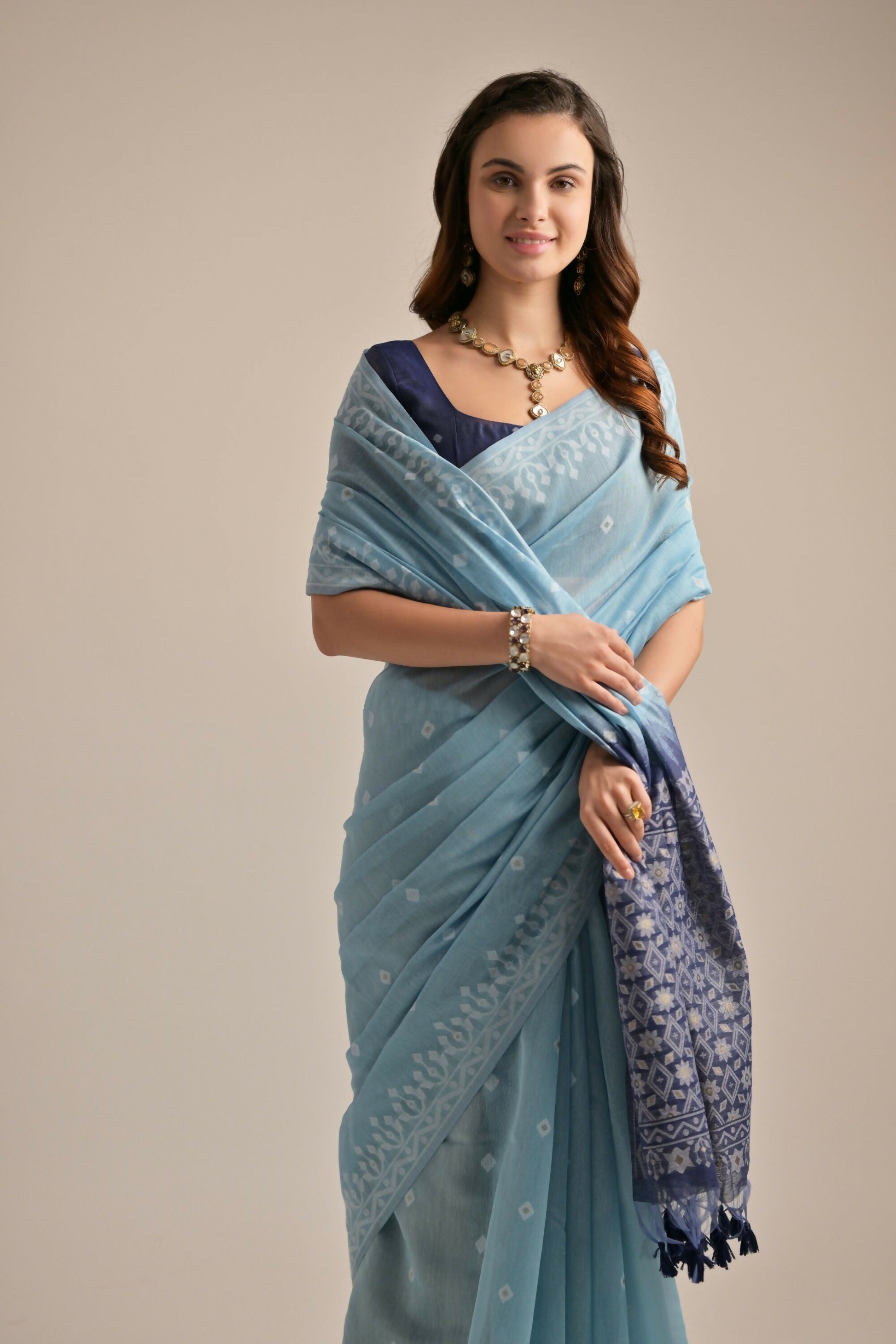 Vishnu Weaves Women's Firozi Muga Cotton Woven Saree with Blouse - Swadesiicart