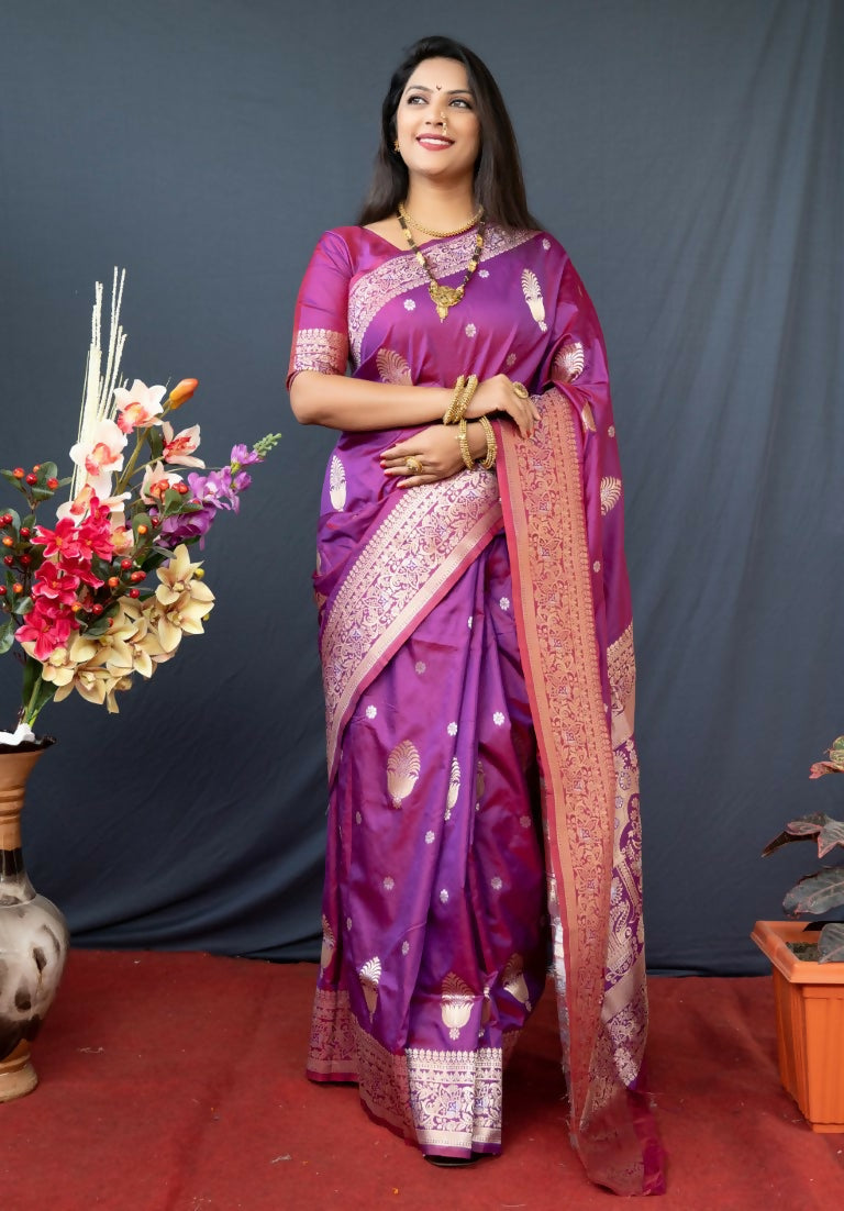 Jyoti Fashion Women's Purple Paithani Silk Zari Woven Saree with Blouse | Swadesiicart