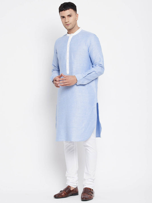 Even Apparels Blue Color Pure Cotton Men's Kurta With Contrast Collar And Placket | Swadesiicart
