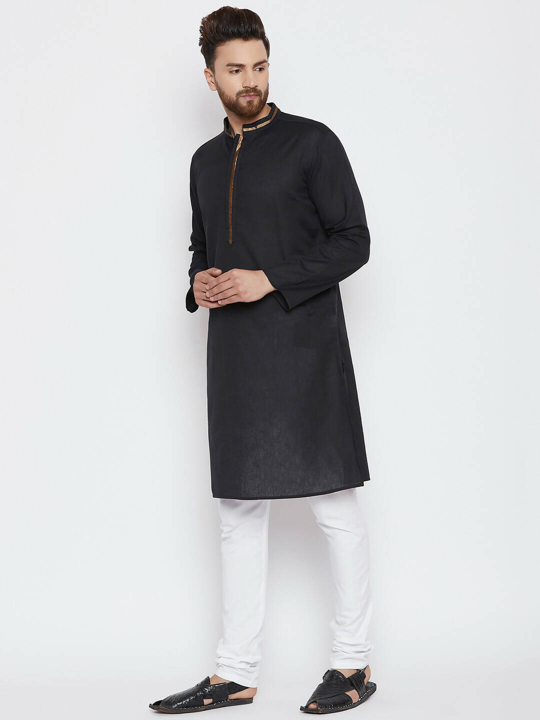 Even Apparels Black Color Pure Cotton Men's Kurta With Band Collar | Swadesiicart