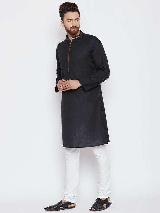 Even Apparels Black Color Pure Cotton Men's Kurta With Band Collar | Swadesiicart