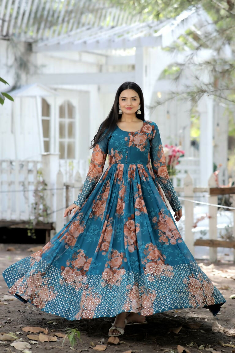 Jyoti Fashion Women's Teal Sequence Zari Embroidered Faux Georgette Anarkali Dress | Swadesiicart