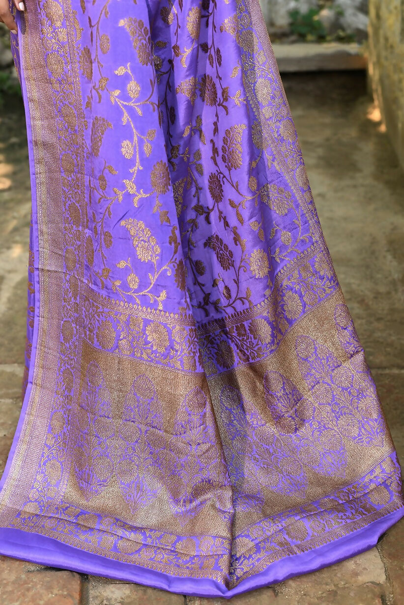 Joban Fashion Dark Lilac Crepe Chiffon Pure Handloom Banarasi Silk Saree | Swadesiicart