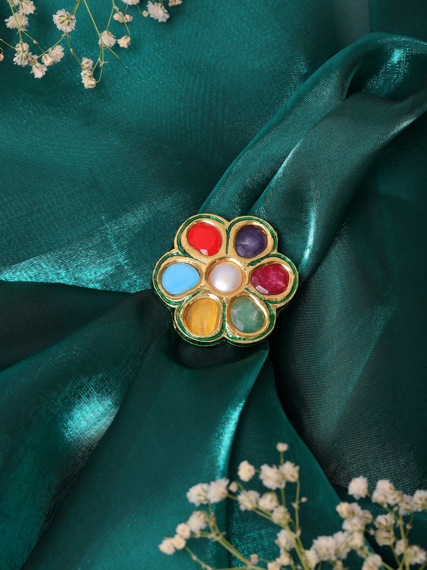 Ruby Raang Gold Polished Multi-Color Navratan Cocktail Ring | Swadesiicart