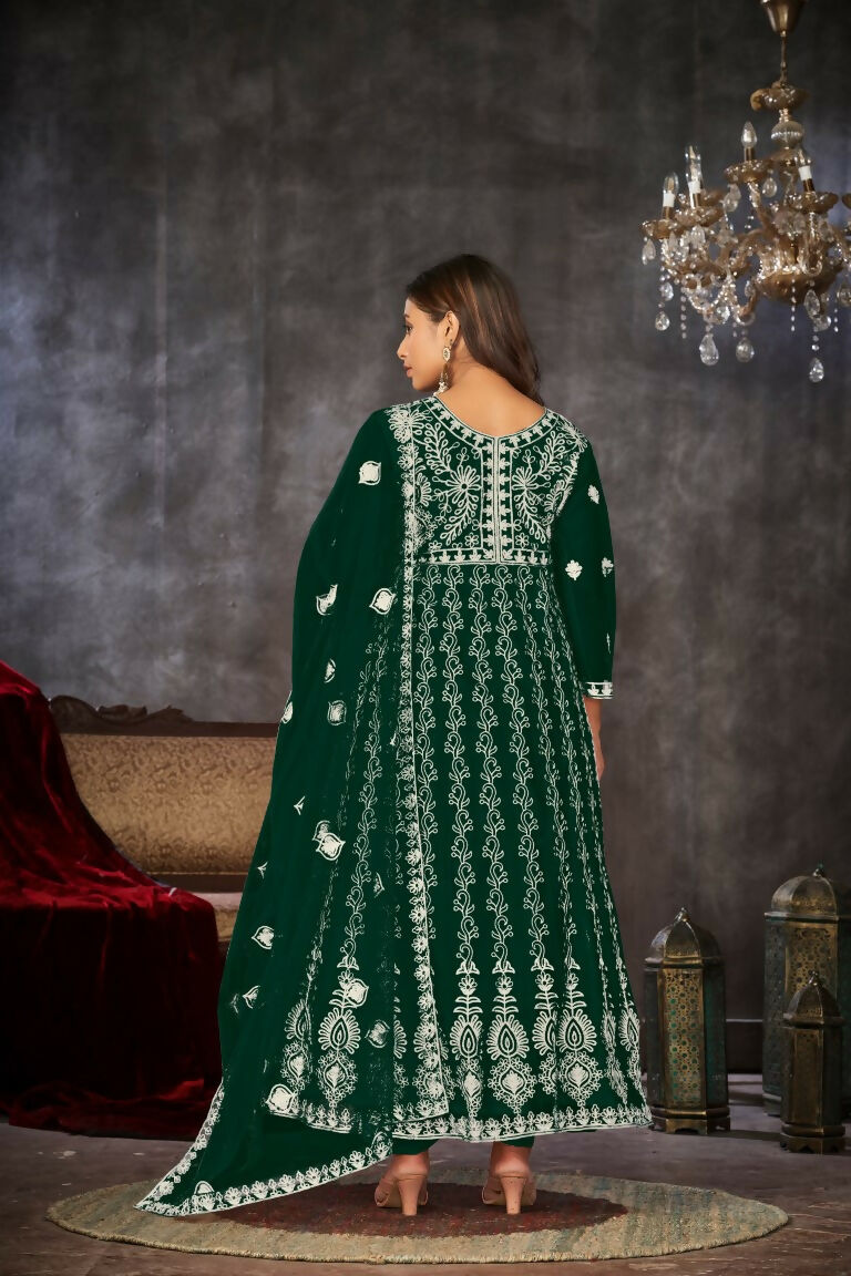 Jyoti Fashion Women's Green Net Embroidered Anarkali Kurta Pant Set With Dupatta | Swadesiicart