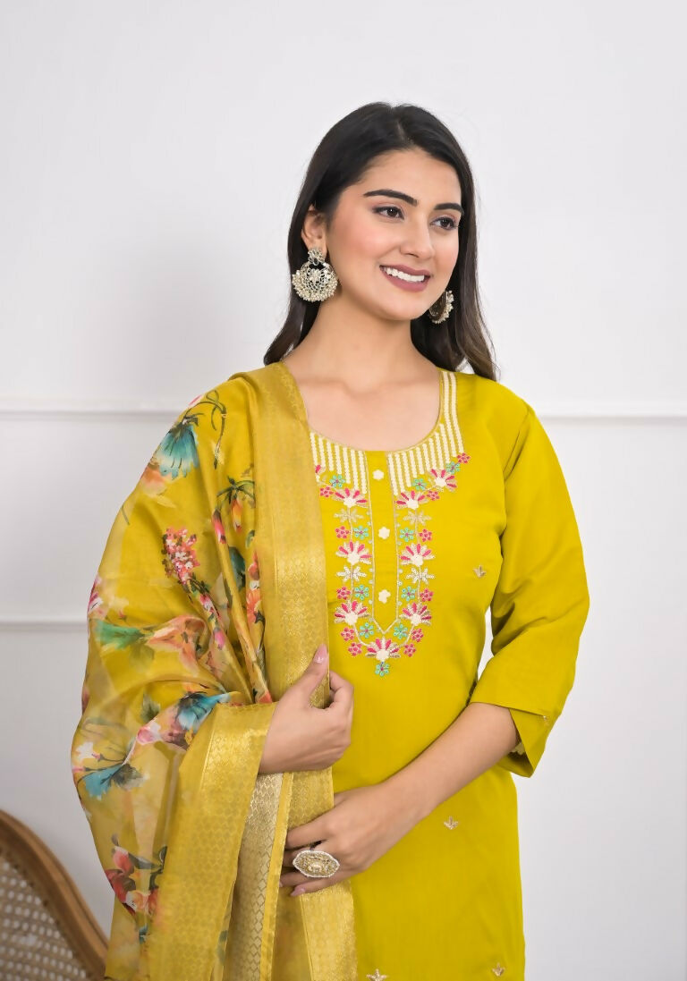Yellow Viscose Silk Embroidery with Thread and sequence Stitched Suit With Dupatta - Tanisha | Swadesiicart