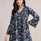 Aavyora Women's Navy Blue Cotton Tunic with Red and White Floral Print, Pin-Tuck Detailing, and Flared Sleeves