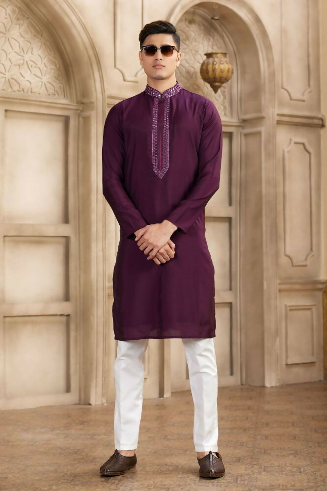 Raivat Ethnic Banarasi Art Silk Mirror Work Kurta Pajama In Wine Colour | Swadesiicart