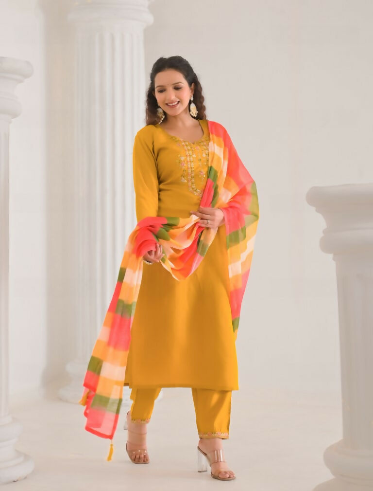 Ethnic Festive Wear Viscose Chanderi Yellow Stitched Suit With Dupatta - Tanisha | Swadesiicart