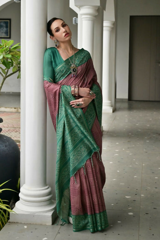 Vishnu Weaves Women's Green Soft Tussar Silk Printed Saree with Blouse - Swadesiicart