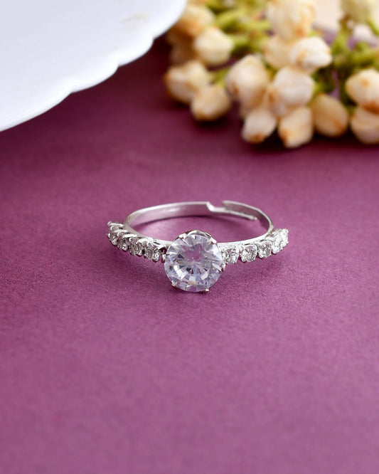 VOJ white CZ-detail Stainless Steel Cubic Zirconia Silver Plated Adjustable Finger Ring | Swadesiicart