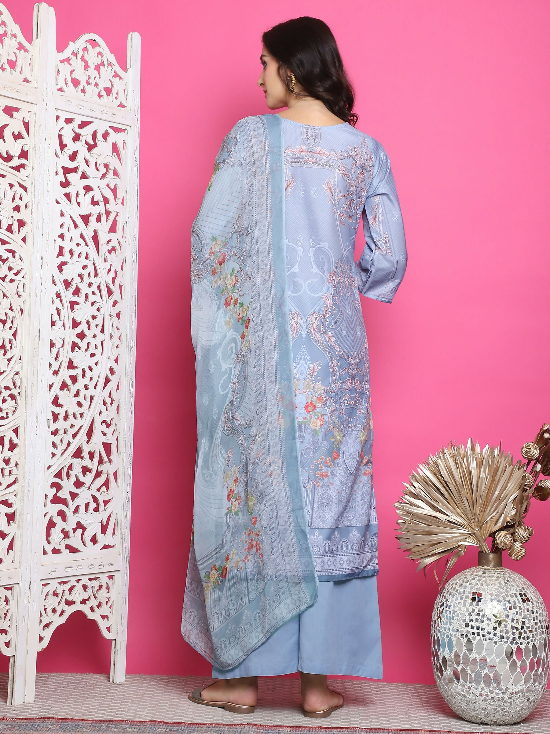 Jyoti Fashion Women's Grey Satin Traditional Digital Print with Crystal work Kurta with Trouser & Dupatta | Swadesiicart