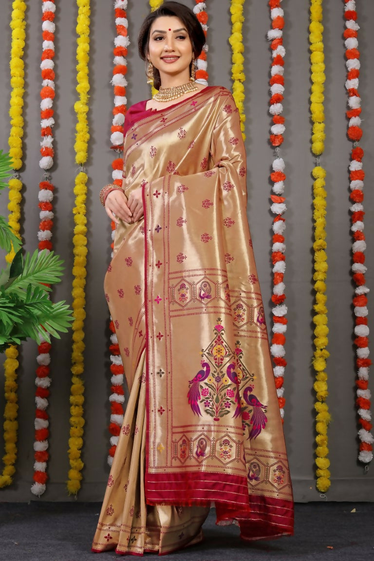 Jyoti Fashion Women's Maroon Paithani Silk Zari Woven Saree with Blouse | Swadesiicart