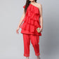 Ahalyaa Red Printed Layered Top with Trousers | Swadesiicart