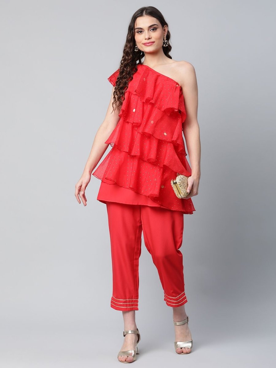 Ahalyaa Red Printed Layered Top with Trousers | Swadesiicart