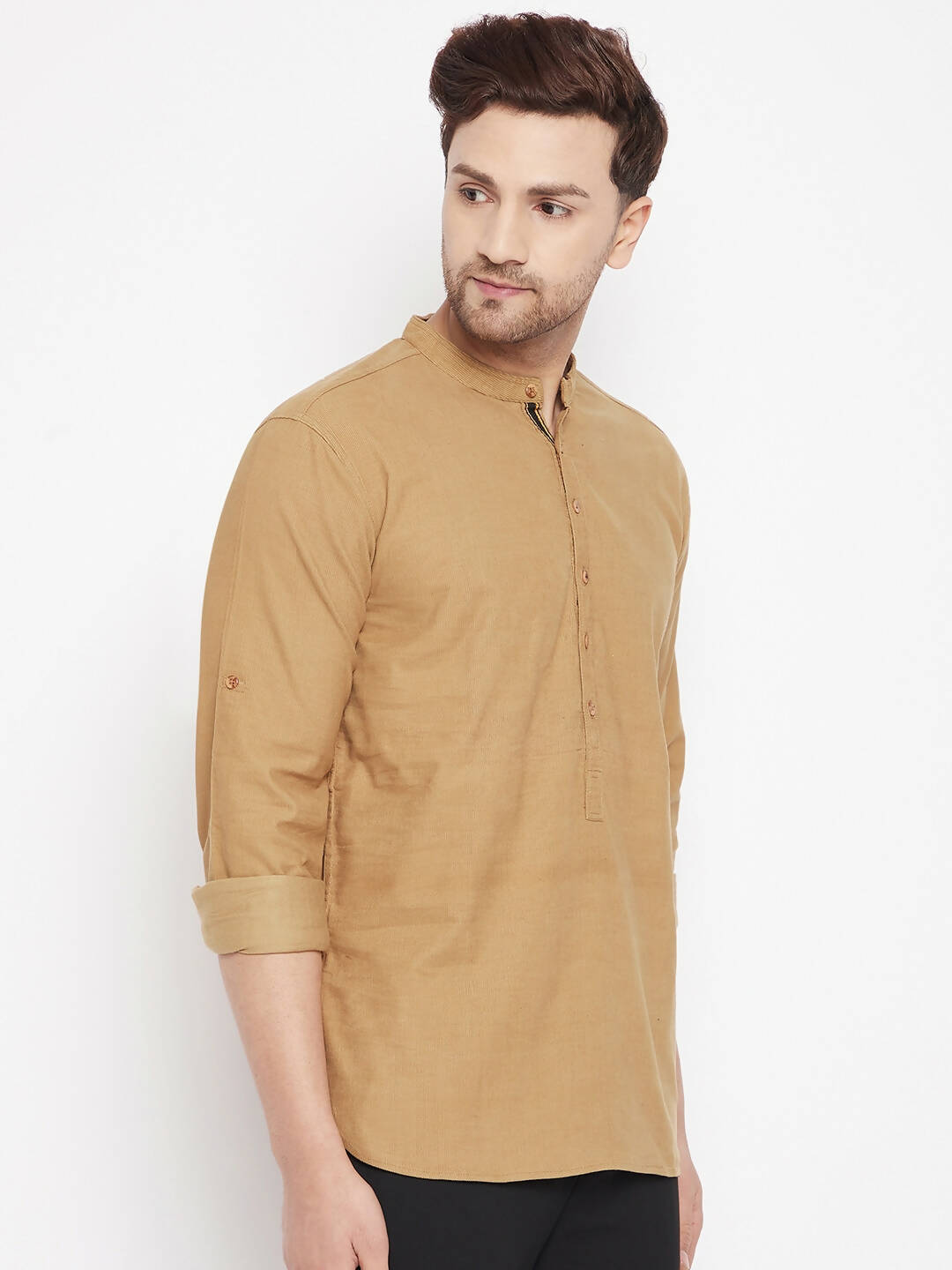 Even Apparels Beige Pure Cotton Short Men's Kurta With Band Collar | Swadesiicart
