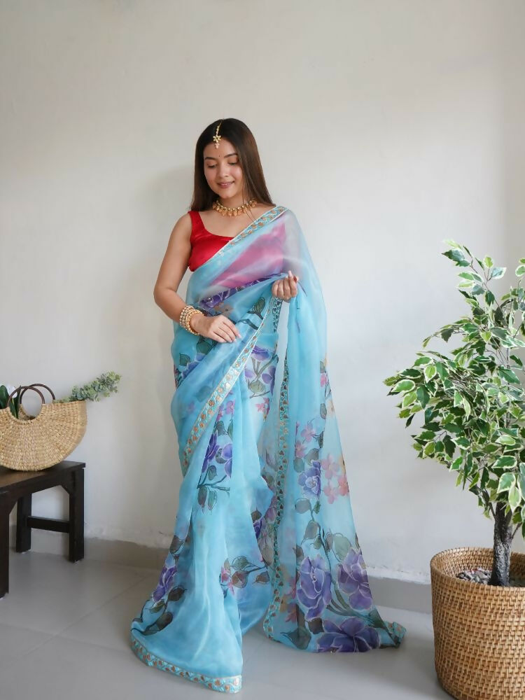 Vamsee Nilam Sky Organza Saree - Swadesiicart