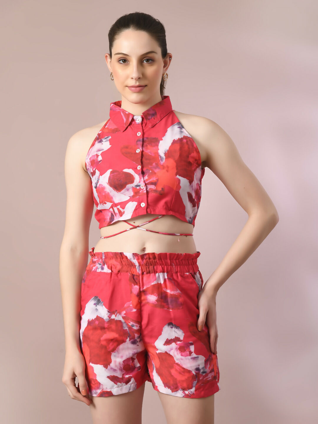Myshka Women's Multi Printed Shirt Collar Party Top With Shorts Co-ord set - Swadesiicart