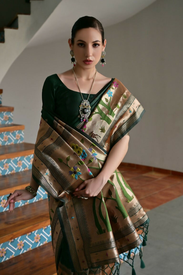 Vishnu Weaves Women's Bt-Green Paithani Silk Zari Woven Saree with Blouse - Swadesiicart