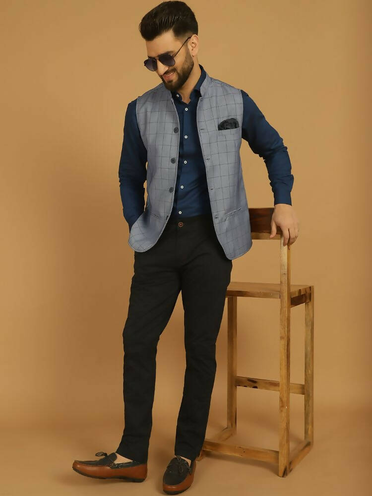 Even Apparels Nehru Jacket With Welt Pockets - Blue | Swadesiicart