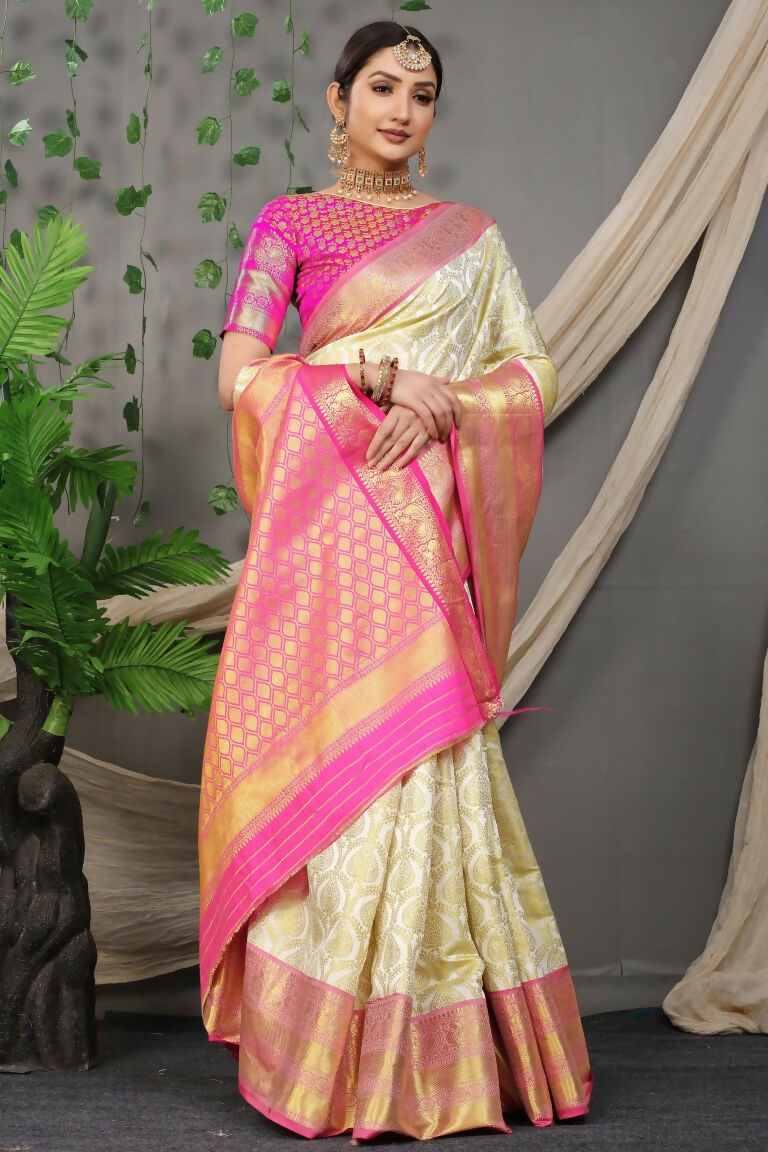 Jyoti Fashion Women's Off White Kanjivaram Silk Zari Woven Saree with Blouse | Swadesiicart